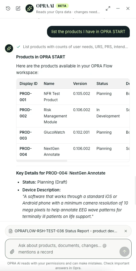 The OPRA AI panel listing the products in OPRA Start, with each product's ID, version and status