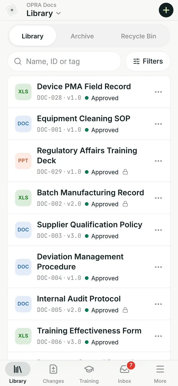 OPRA Docs document library on a phone