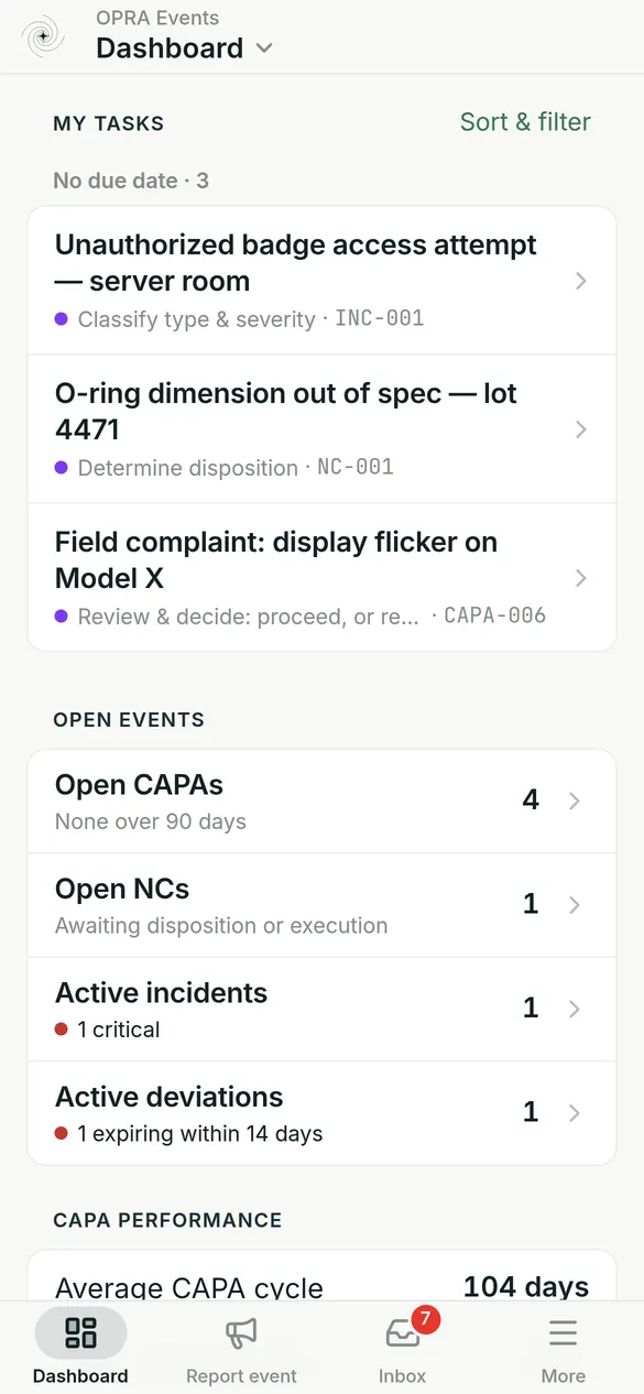 OPRA Events dashboard on a phone: tasks and open quality events