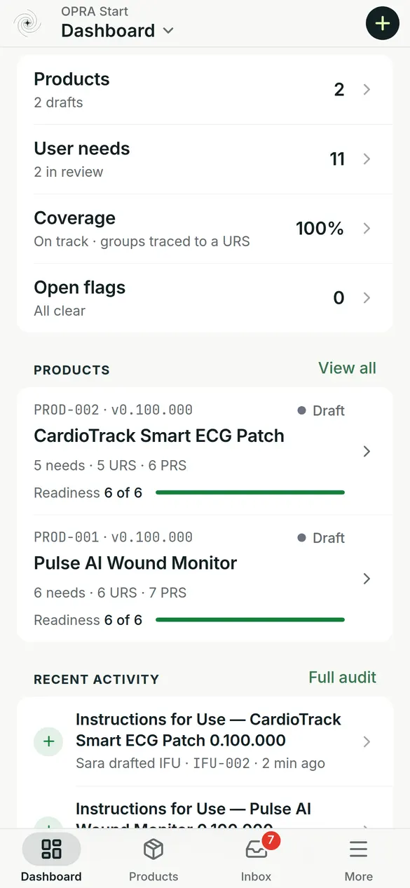 OPRA Start dashboard on a phone: products, user needs, coverage and open flags