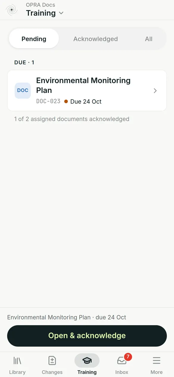 Training on a phone: a document waiting to be read and acknowledged